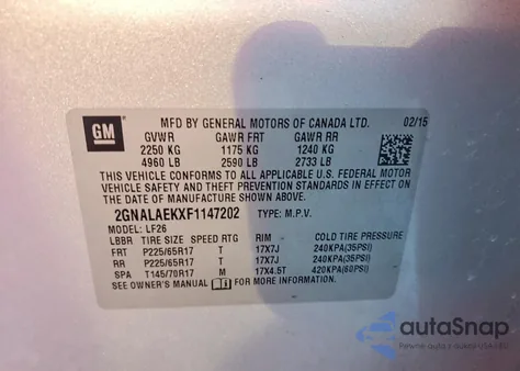 2015 Chevrolet Equinox Ls z USA, uszkodzony, nr VIN 2GNALAEKXF1147202